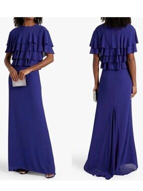 Mikael Aghal Ruffled Crepe Gown Royal Blue NWT Size 4 Formal Maxi